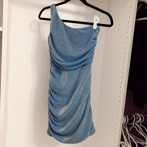 One shoulder blue mini dress